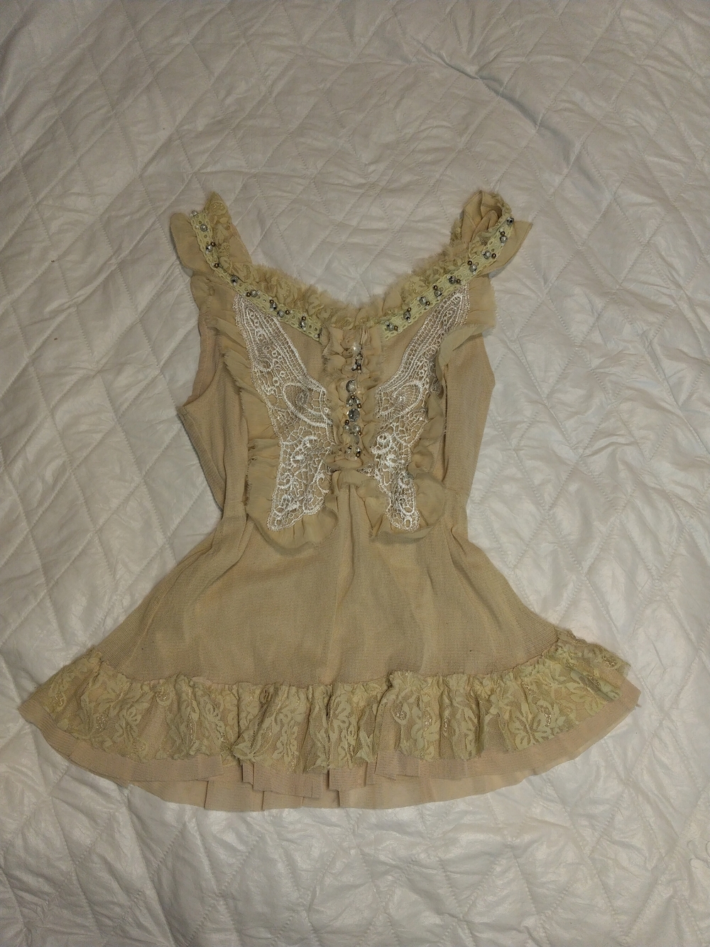 Vintage Y2K Farycore Beige Lace-Trim Ruffled Formal Women's Top